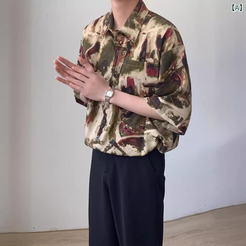 樂天商城 - メンズ シャツ トップス 夏季 薄手 短袖 花柄 フラワー柄 緑 ブラウン 涼しい 接触冷感 ポリエステル 混紡 ゆったり ワイドシルエット 開襟 翻領 中袖 リゾート ビーチ 休暇 海辺 香港風 復古 ハワイアン シャツ 軽熟 休闲 カジュアル 免烫