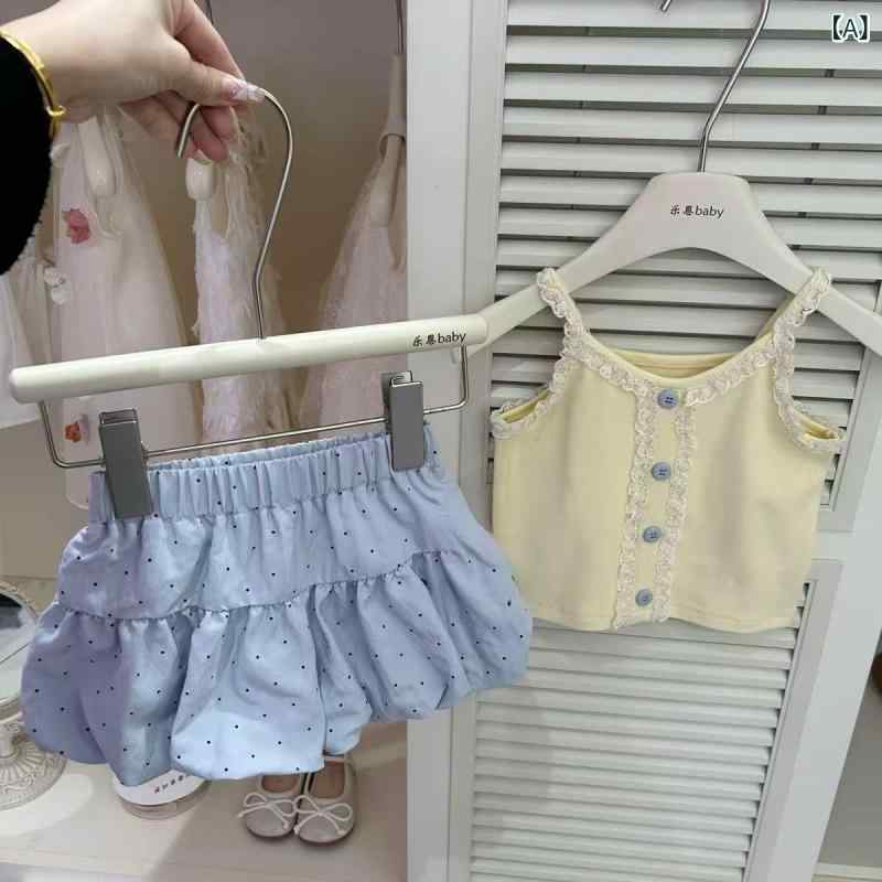 女児 トップス 吊帯 背心 レース 花柄 花朵 プリント ポルカドット スカート ショートパンツ セット 綿 柔らかい 薄手 夏 かわいい 女の子 子供服 3〜8歳 黄色 米白 花辺 潮スタイル 無袖 短パン セットアップ 花柄プリント 柔軟素材