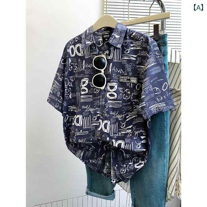 Wear （Martial Arts） - シャツ レディース 短袖 花柄 ポロ襟 中長丈 ゆったり 切り替え 涤綿 ポリエステル 夏 春夏 ブルー ホワイト 海辺 バカンス カジュアル トップス 普段使い 軽量 吸湿速乾 爽やか 私服