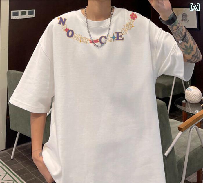 Other - Tシャツ メンズ 短袖 刺繍 綿 素材 夏 春夏 秋 防晒 透気 吸湿速乾 UVカット 色牢度高 フリンジ柄 花柄 ルーズフィット 丸首 野球カラー ブラック ホワイト 日常 ストリート 復古 カジュアル 百搭
