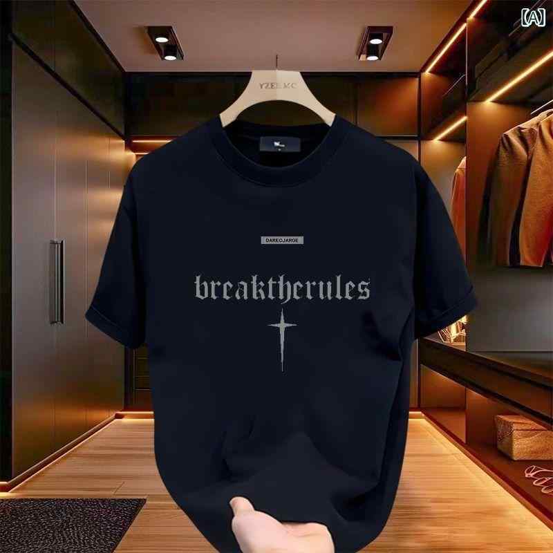 Other - Tシャツ メンズ 短袖 夏 春夏 麻 真丝 接触冷感 薄手 透気性 丸首 ルーズフィット ストリート ストリートファッション 条紋 プリント 黒 白 日常使い 軽量 カジュアル