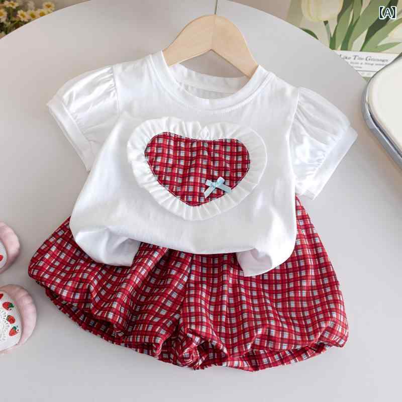 Rakuten - 女児 トップス セット 子供服 女の子 キッズ レディース 春夏 短袖 Tシャツ 花苞パンツ 短パン ハーフパンツ 韓国風 薄手 柔らか素材 綿混紡 かわいい ハート柄 黄色 クマ柄 90cm 100cm 110cm 120cm 130cm 140cm
