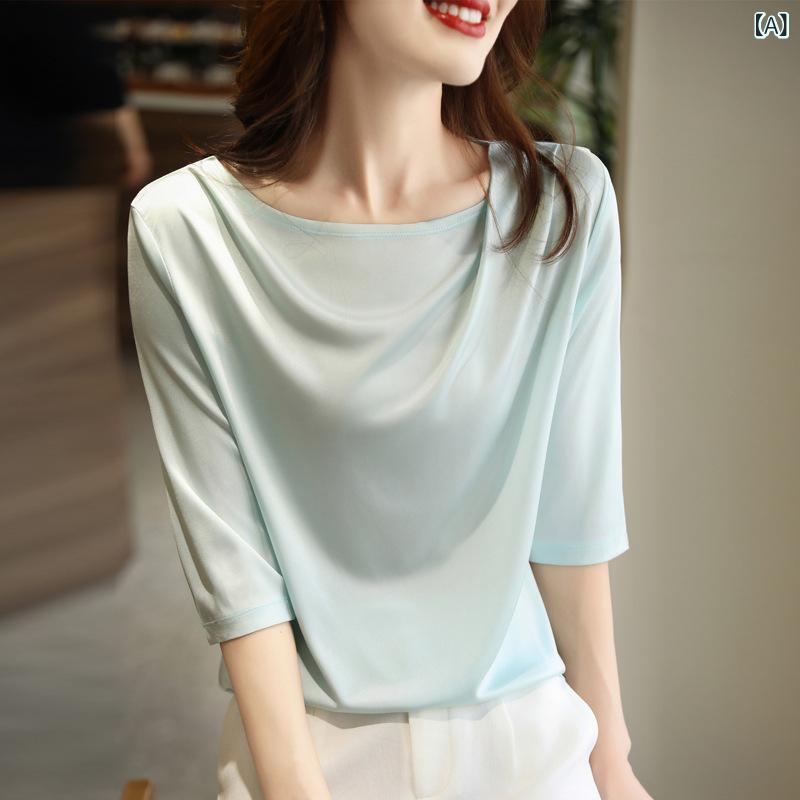 Long-Sleeved Knit - Tシャツ レディース 半袖 春夏 接触冷感 三醋酸 綿混 再生繊維 ワイドシルエット 一字領 ボイルド加工 免烫処理 垂感 薄手 軽量 吸湿速乾 通勤 普段使い 部屋着 日韓カジュアル 薄荷緑 香槟金 豆蔻青 茶緑 アップルグリーン グレー アイボリー