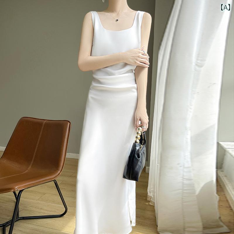 Three-Quarter Knit - 吊带ワンピース レディース 夏 接触冷感 ポリエステル 中長丈 包臀 プリーツ 切り替え Uネック 無袖 中腰 純色 通勤 普段使い 快適 修身シルエット 白色 グリーン ブラック