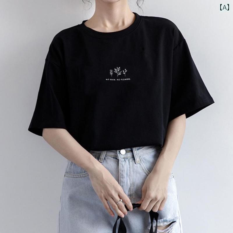 Three-Quarter Knit - Tシャツ 女性用 春夏 短袖 ラウンドネック ゆったり 植物柄 無地 学生服 トップス 半袖 涼しい 再生繊維 ポリエステル 微弾性 日韓カジュアル ブラック 卡其 抹茶グリーン 杏色 ライトブルー ホワイト ブルーグリーン