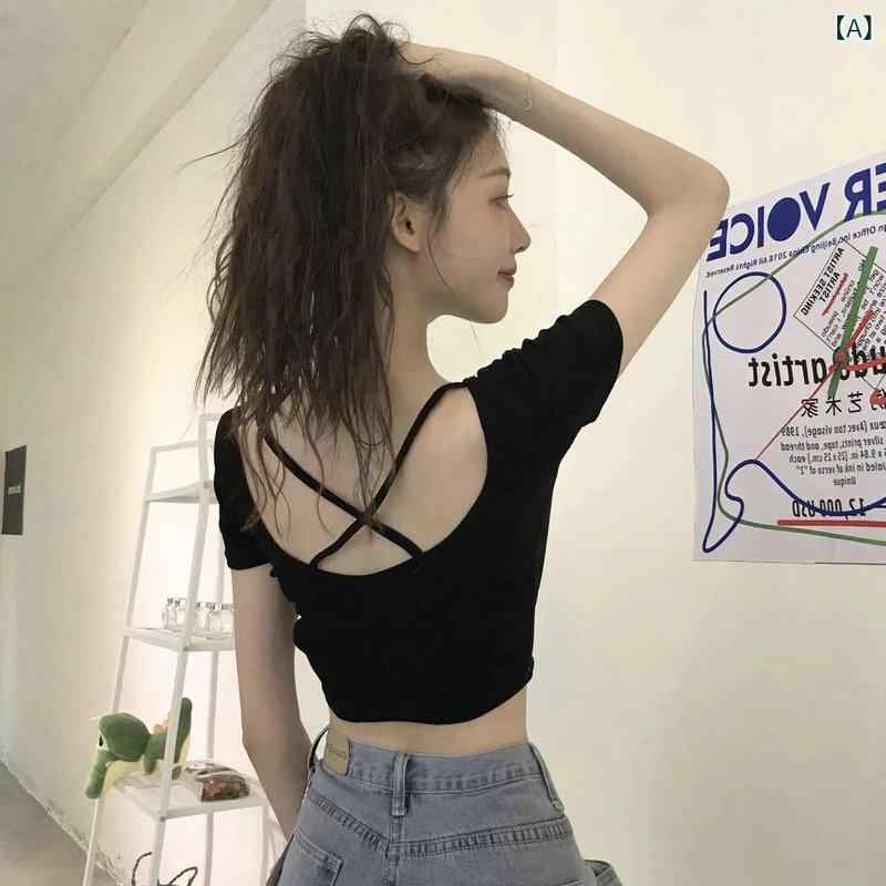 Rakuten - Tシャツ 女性 短袖 夏 トップス 切り替え 後ろ開き 修身 クロップド 露脐 丸首 ポリエステル 接触冷感 立体プリント ブラック ホワイト 通勤 普段使い 快適 軽量 吸湿速乾 気質 カジュアル