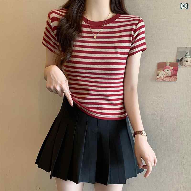 乐天商城 - Tシャツ 女性用 小柄対応 条紋 格子柄 切り替え 撞色 短袖 丸首 修身 短丈 赤 ブラック ポリエステル95% 柔らか 日常使い 日韓カジュアル 日系 快適 レジャー 夏 春夏