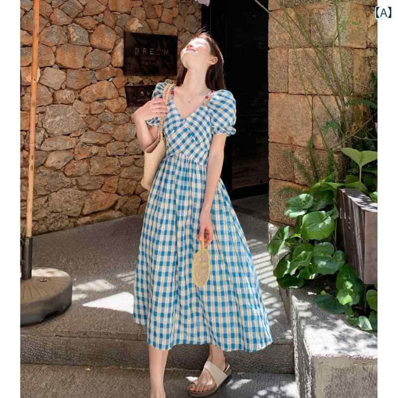 ワンピース レディース 大きいサイズ 夏 海辺 度假 通勤 かわいい 泡泡袖 Vネック ハイウエスト Aライン 短め丈 切り替え 格子柄 ブルー 花柄 ポリエステル 修身 気質 遮肚 显瘦 軽量 吸湿速乾
