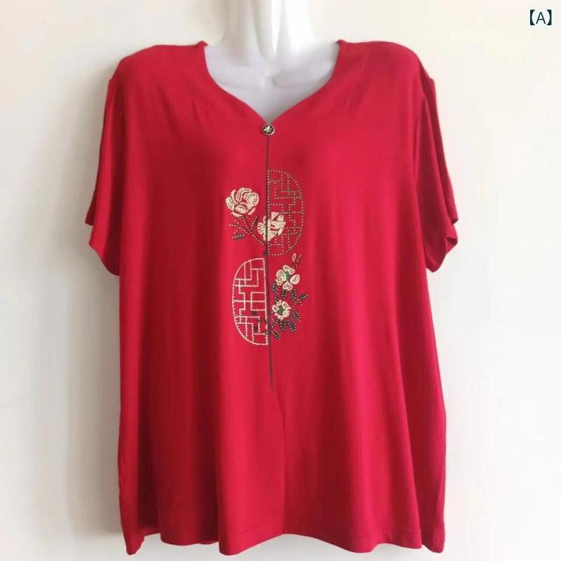Rakuten - Tシャツ 女性用 中高年 大きいサイズ 短袖 Vネック モダール 再生繊維 接触冷感 夏 春夏 幅広 リラックス ゆったり 通勤 普段使い かわいい ビッグシルエット 赤系 ブルー系 グリーン系 ピンク系 ブラウン系