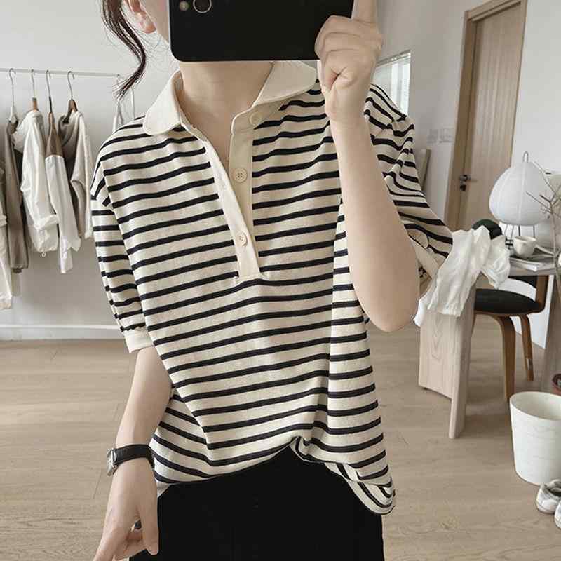 乐天商城 - Tシャツ レディース 春夏 コットン 100% ポロ領 短袖 泡泡袖 セットイン袖 条紋柄 ブラック 米白 アイボリー 切り替え ボタン ゆったり ルーズフィット 気質 通勤 普段使い 都市スタイル 吸湿速乾 軽量 伸縮性