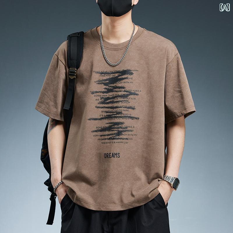 Tシャツ メンズ 短袖 無地 丸首 綿混紡 薄手 ゆったりシルエット 夏 秋 休闲 普段使い 通勤 カフェオレ グレー 青年 ストリート トップス コットン カジュアル
