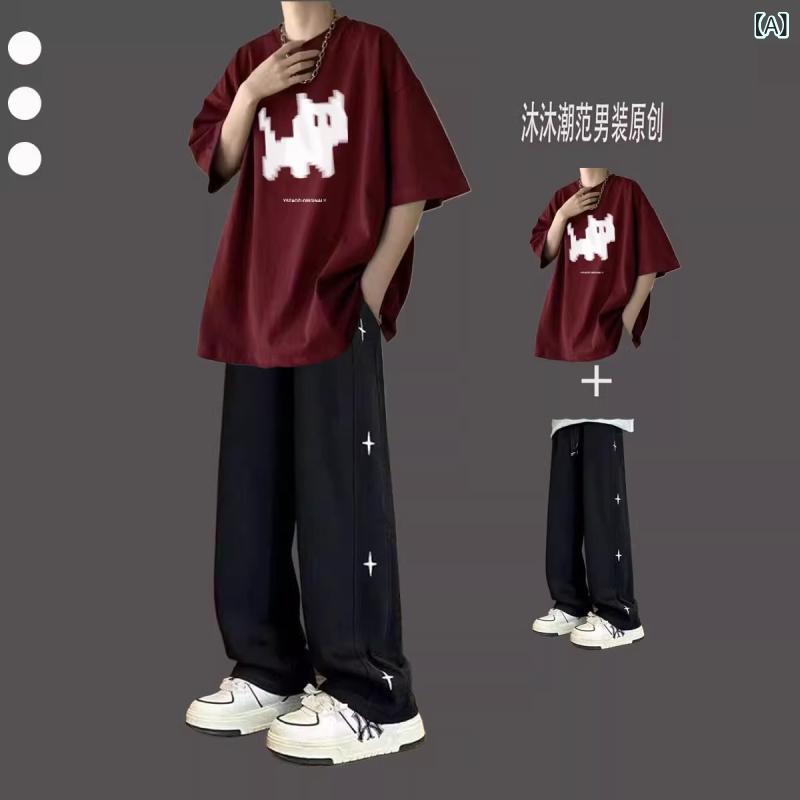 Rakuten - メンズ Tシャツ ショーツセット 短袖 夏用 ゆったり トップス ボトムス 麻 真絲 綿 透気 薄手 丸首 動物プリント 赤 黒 白 グレー 日常 カジュアル 青春 流行 免烫