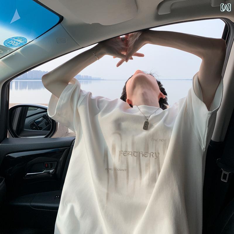Tシャツ メンズ 青少年 短袖 半袖 白色 黒 ネイビー 綿 薄手 透気性 丸首 落肩袖 ルーズフィット ビッグシルエット 夏 日常使い 印花 文字柄 美式レトロ カジュアル