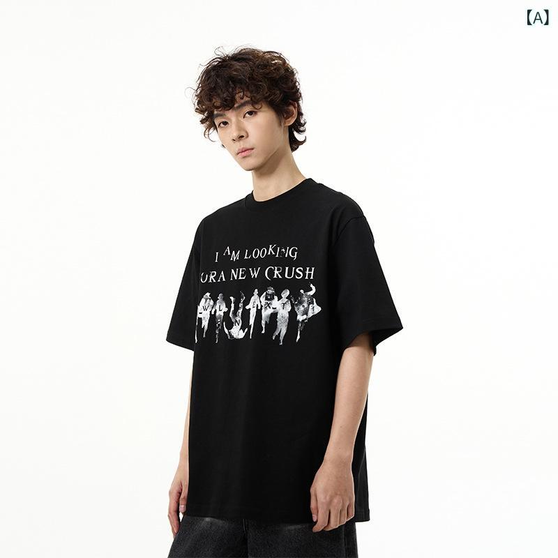 Tシャツ メンズ 短袖 トップス 綿 純綿 ルーズフィット ルーズシルエット 丸首 セットインスリーブ プリント 幾何学柄 ブラック ホワイト 夏 春夏 通勤 通学 普段使い カジュアル ストリート ヴィンテージ ストリートスタイル 日常着 吸湿速乾 軽
