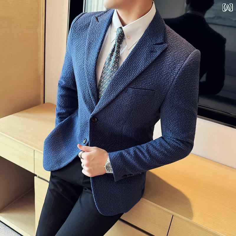 ・機能: 通気、イージーケア、吸湿速乾・スタイル: 韓国系、カジュアル・シルエット: スリムフィット・襟型: テーラードカラー・前立て: シングルボタン（2つボタン）・誤差範囲: 1-3cm・主な素材: ポリエステル・裏地素材: ポリエステル・ベント: サイドベンツ・ディテール: ポケットデザイン・着丈: レギュラー丈・袖丈: 長袖・ポケット仕様: パッチポケット・カラー展開: ブルー、ブラック、オフホワイト・サイズ展開: M、L、XL、2XL、3XL、4XL・裾デザイン: ストレートヘム・対象: メンズ（成人）・カテゴリ: カジュアルジャケット