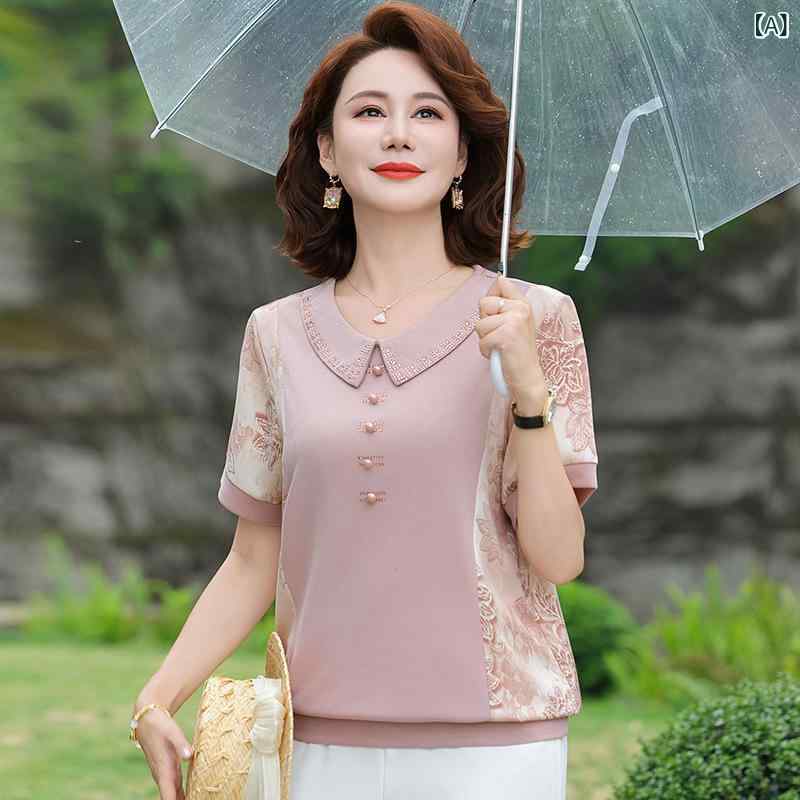 Tシャツ 女性用 夏 ピンク グリーン 切り替え 短袖 トップス 涤纶 ポリエステル 植物 花柄 セットイン 袖 プルオーバー ダブルカラー 襟 ボタン 装飾 ゆったり ルーズ フィット 普通丈 清新 かわいい 甘め スタイル 免烫 処理 気質 スリム