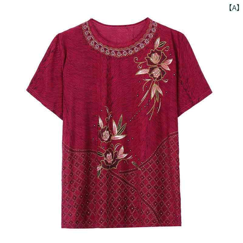 Tシャツ レディース 中高年 女性用 夏 春夏 短袖 接触冷感 薄手 修身 植物花卉柄 ブルー 赤 紫 抹茶色 グリーン 民族風 セットアップ