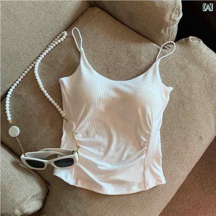 Camisoles - キャミソール レディース 修身 スリムフィット 胸パッド内蔵 プリーツ 吊り帯 背心 トップス 女性用 春夏 ショート丈 綿混紡 中弾性 純色 白色 杏色 卡其色 ブラック イエロー グレー 私服 名媛風 お姉さんスタイル 通勤 普段使い