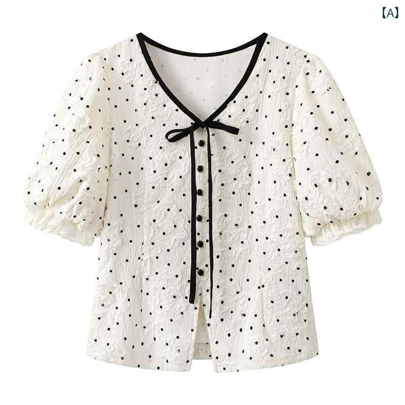Other - ブラウス 女性用 波点 短袖 トップス シャツ かわいい デザイン 短丈 上衣 杏色 ポリエステル 接触冷感 涼しい 夏 春夏 セットインスリーブ ラウンドネック ルーズフィット 日韓カジュアル プリント 印花 軽量 吸湿速乾 通勤 普段使い
