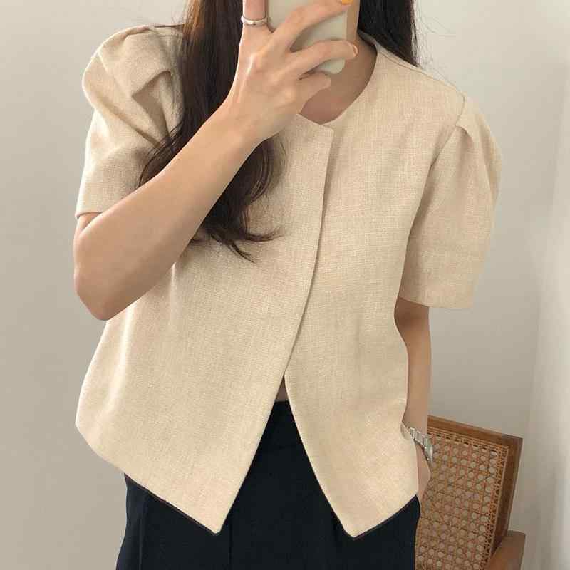 カーディガン 女性用 夏 韓国風 法式 極簡 シンプル ルーズ ワイド 泡泡袖 開衫 トップス シャツ 短袖 丸首 単排2粒ボタン 米白 カーキ 再生繊維 接触冷感 軽量 快適 普段使い ルームウェア