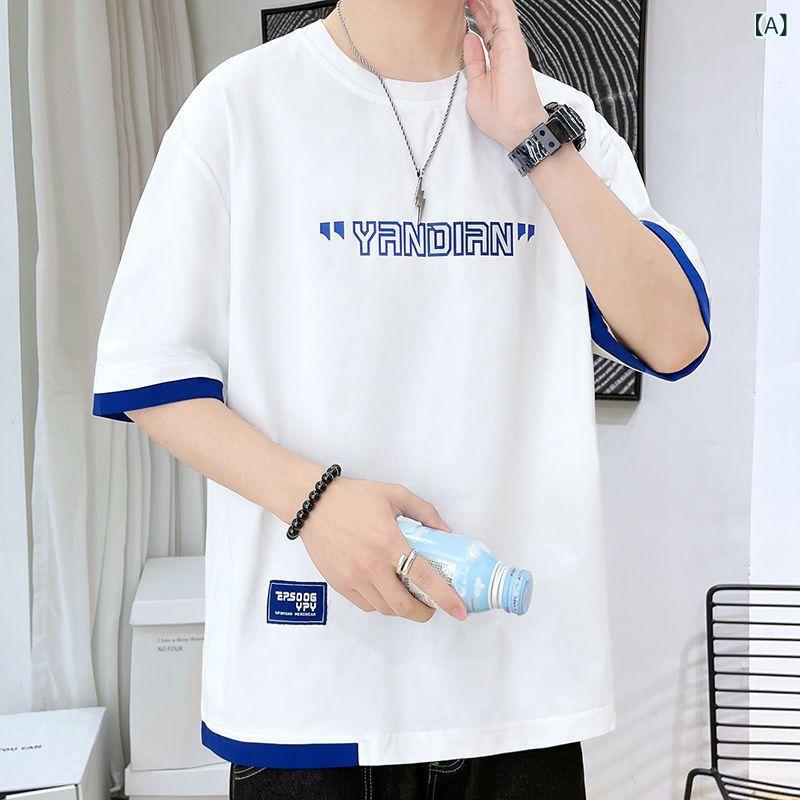Three-Quarter - Tシャツ メンズ 青少年用 短袖 半袖 上衣 夏用 春夏 白色 黒 グレー ブルー 純色 丸首 ルーズフィット 韓国風 字母柄 印花 ポリエステル混紡 耐磨 軽量 吸湿速乾 日常カジュアル 普段使い ストリートファッション