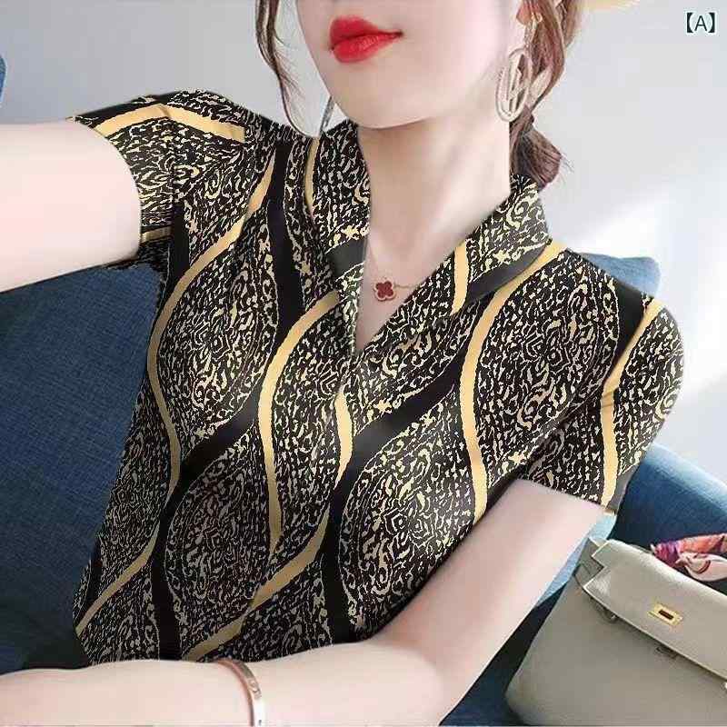樂天商城 - Tシャツ 女性用 春夏 短袖 セットイン 翻領 トップス 印花 切り替え 修身 気質 通勤 快適 レジャー ポリエステル ジオメトリック柄 軽量 吸湿速乾 普段使い ブラウス シャツ インナー