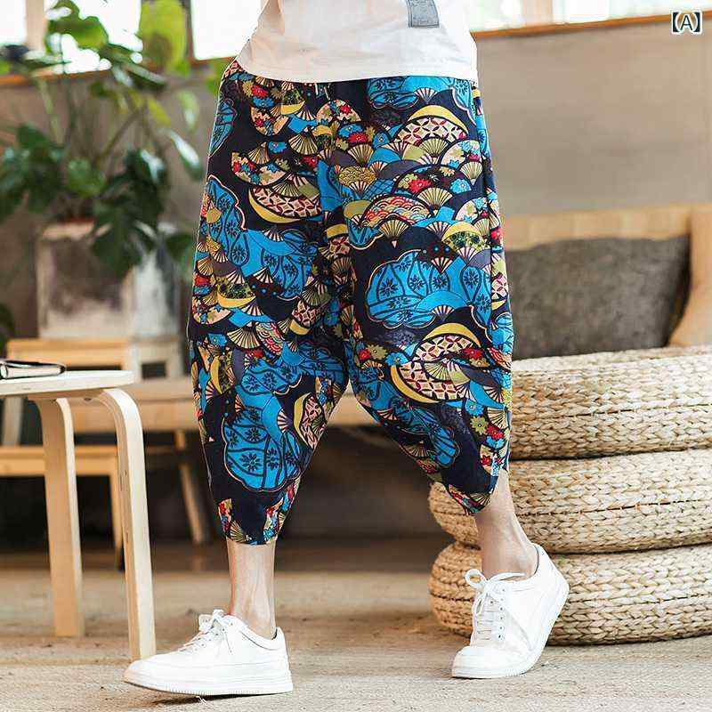 メンズ ハーレムパンツ 灯籠パンツ 男性用 コットン リネン 混紡 ワイドレッグ テーパード ゆったり 大きいサイズ 七分丈 ビーチパンツ..