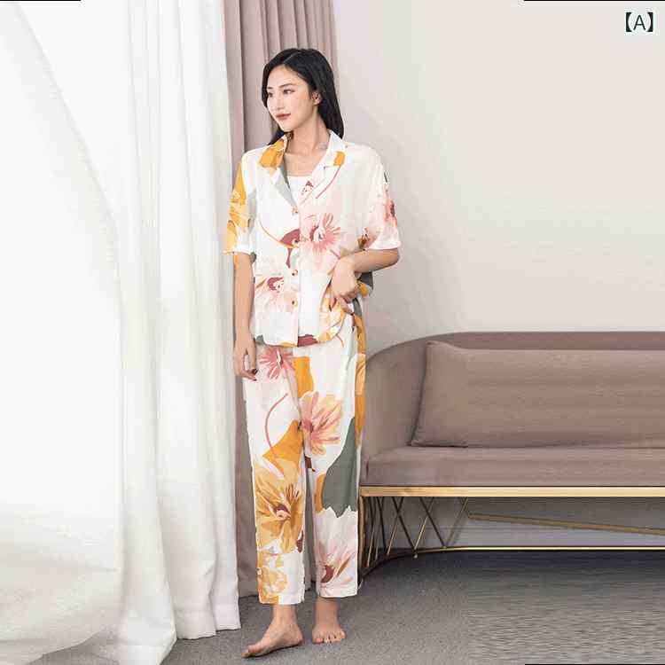 Other - パジャマ レディース 中年女性用 綿 短袖 春夏 花柄 ゆったり ルームウェア 薄手 セット トップス 長ズボン 翻領 橙色 墨緑 休闲 居家 芸術的 181-200g/m2