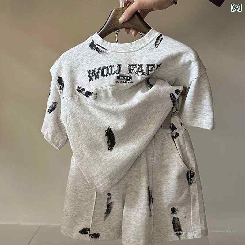 キッズ 男の子 中大童 夏 薄手 綿 接触冷感 短袖 Tシャツ セット 印花 プリント ショートパンツ 灰色 韓国風 カジュアル 普段使い 軽量 通気性 吸湿速乾 かわいい 痞帅 スタイル 洋気 潮