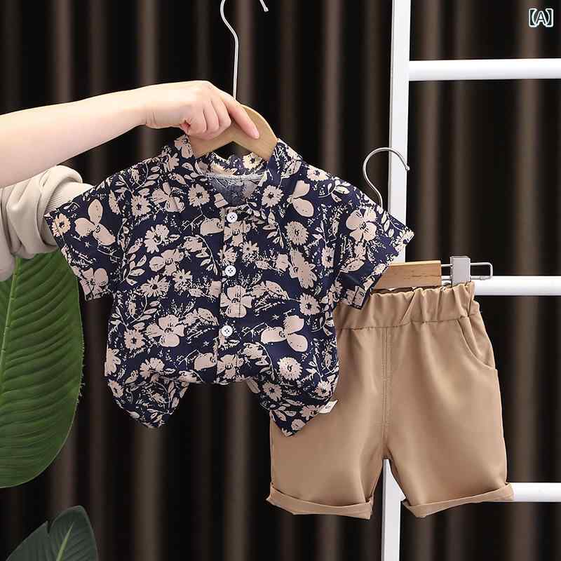 Other - 男の子 夏 短袖 綿 トップス 短パン セット 中大童 薄手 碎花柄 シャツ ハーフパンツ 子供服 夏服 涼しい 綿素材 通気性 かわいい 柄シャツ セットアップ 軽量