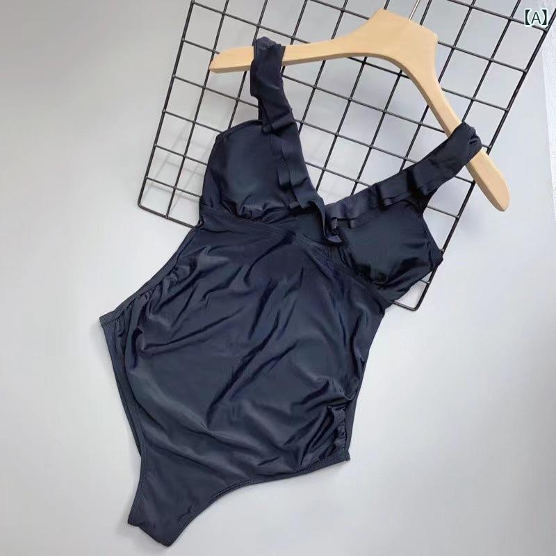 Occidental Goods - レディース ワンピース水着 大きいサイズ 妊婦用 ビキニ風 連体泳装 背中開き スリム効果 腹部カバー ワイヤー入り 胸パッド 無袖 ブラック ミリタリーグリーン ブルー ネイビー 純色 涤纶 ポリプロピレン 夏用 プール 海水浴 伸縮性 速乾