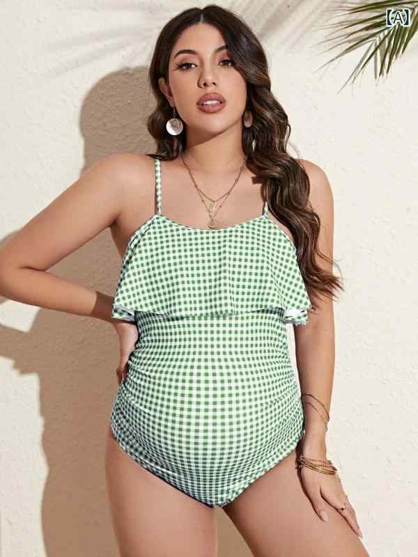 Swimming Suits - マタニティ ワンピース水着 緑 格子柄 無袖 連体泳装 遮肚 トアベ ゆったり 保守的 女性用 大人用 涤纶 ポリエステル 胸パッド ノンワイヤー プール 海水浴 ビーチ 軽量 速乾 伸縮性 ハイウエスト 妊婦 妊娠中 産前 夏用 サマー