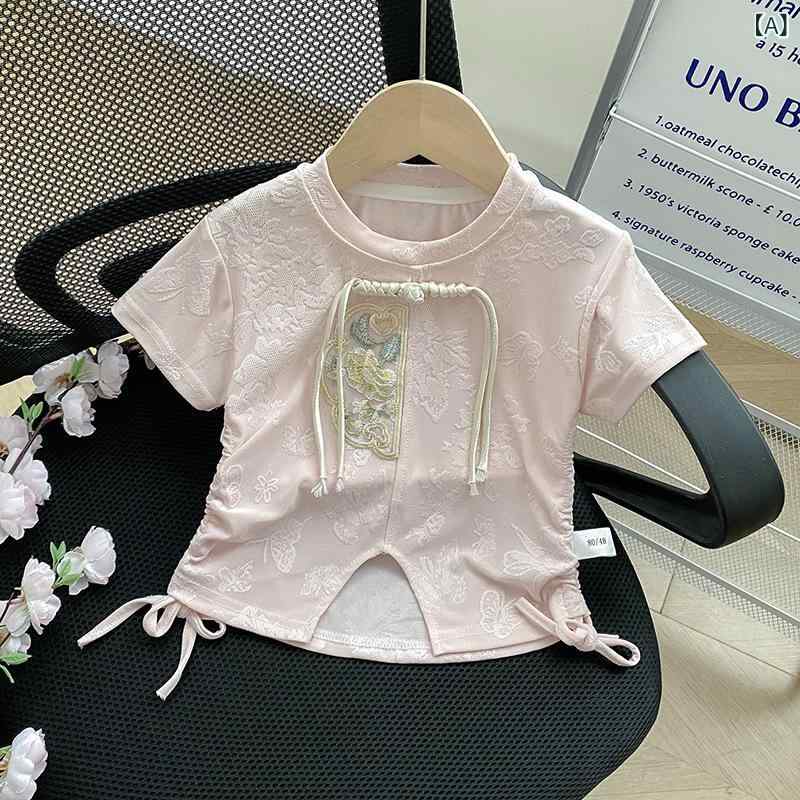 ・カテゴリ: キッズTシャツ・性別: 女児用・スタイル: 中国風・主な素材: ポリエステル95%・ネックライン: クルーネック・袖丈: 半袖・カラー展開: ピンク、ホワイト・サイズ展開: 80cm、90cm、100cm、110cm、120cm、130cm