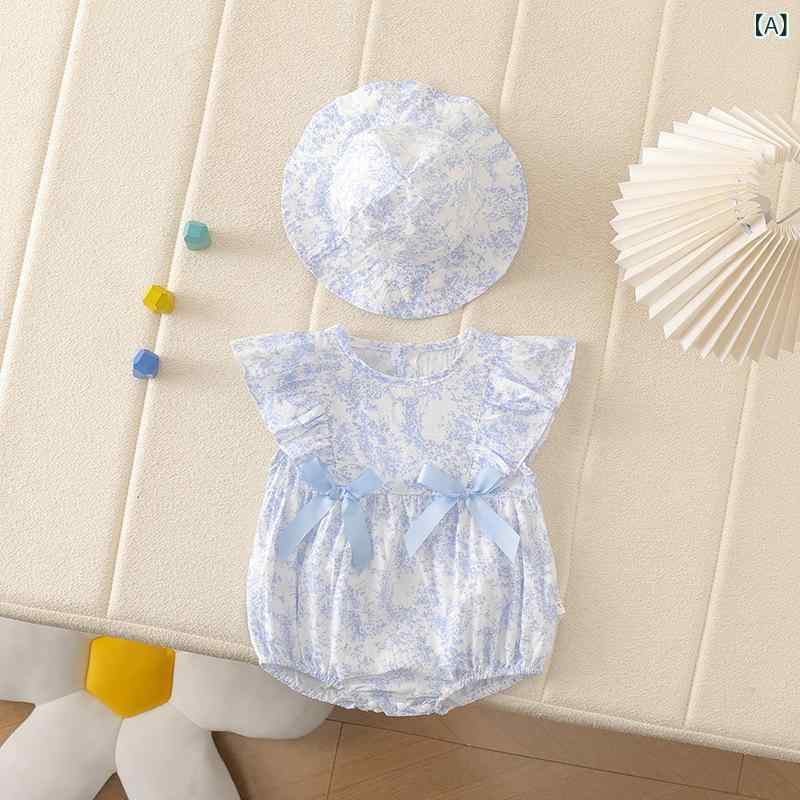 ベビー 女の子 無袖 連体服 爬服 赤ちゃん服 プリント 花柄 プリンセス 柄 綿100 薄手 夏用 包おむつ フード付き 蝶 蘭 花 韓国風 三角型 新生児 かわいい 森ガール 春夏