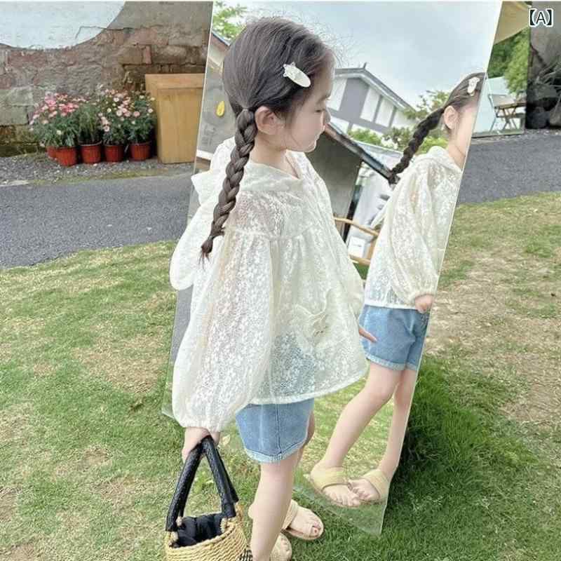女の子 防晒 外套 キッズ 夏服 トップス 薄手 連帽 透気性 蕾丝 切り替え デザイン リヨセル 再生繊維 接触冷感 軽量 アウトドア 普段使い かわいい ピンク系