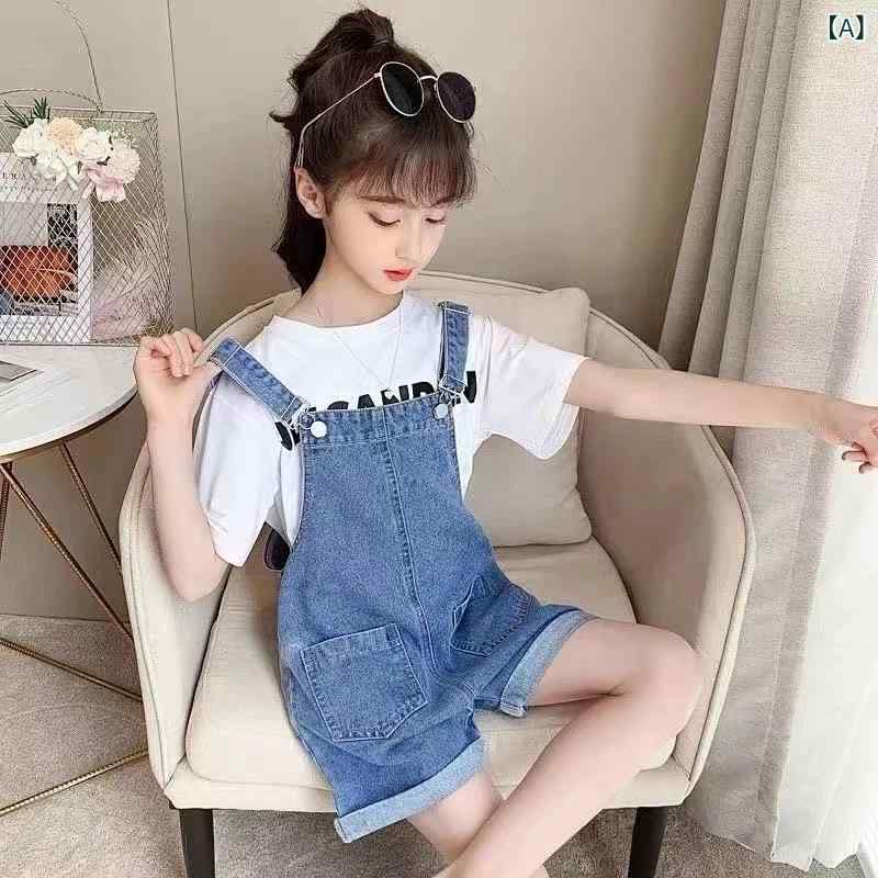 Skirts - 女児 背広パンツ セット 夏 キッズ 女の子 中大童 デニム 短パン トップス 綿 薄手 短袖 字母柄 ホワイト ブラック カジュアル 普段使い 伸縮性 軽量 涼しい 切り替え デザイン