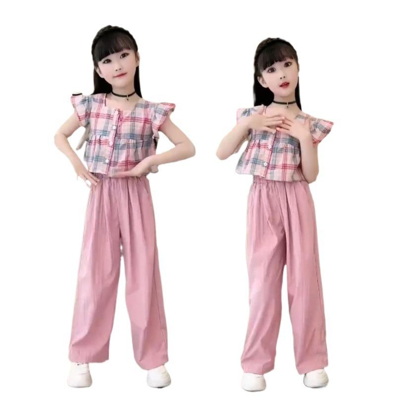Rakuten - 女児 トップス セット 春夏 子供服 レディースキッズ 短袖 格子柄 シャツ 綿 薄手 柔らかい 接触冷感 ピンク ワイドパンツ クロップド ロングパンツ 夏服 吸湿速乾 伸縮性 普段使い カジュアル 休闲