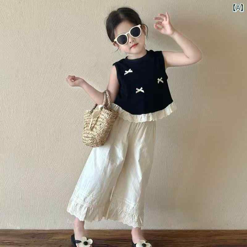 樂天商城 - 女児 キッズ 女の子 子供服 セット 夏 夏季 ノースリーブ 背心 タンクトップ 蝶結び リボン 花辺 レース 装飾 ワイドパンツ ロングパンツ クール 薄手 柔らかい 接触冷感 腈纶 ストレッチ 通気性 ブラック ピンク かわいい プリンセス ガーリー