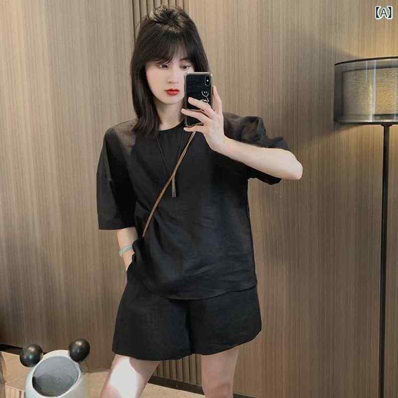 樂天商城 - レディース 麻 ショートパンツ セット 夏 春夏 トップス 長ズボン セットアップ ワイドパンツ ルーズ ゆったり 通勤 普段使い 都市 カジュアル 気質 ブラック ミストブルー 接触冷感 吸湿速乾 軽量 伸縮性 切り替え 袖 5分丈 袖 バタフライ 袖