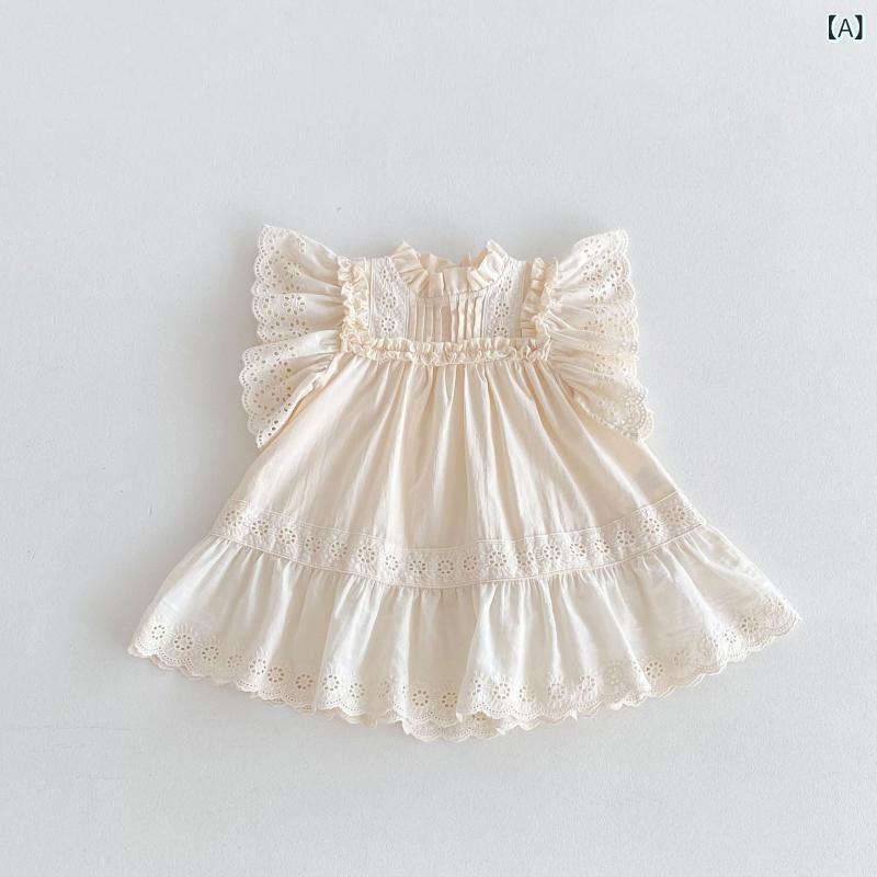 女児ワンピース 女の子 夏 綿麻 接触冷感 切り替え レース 短袖 プリンセス スカー...