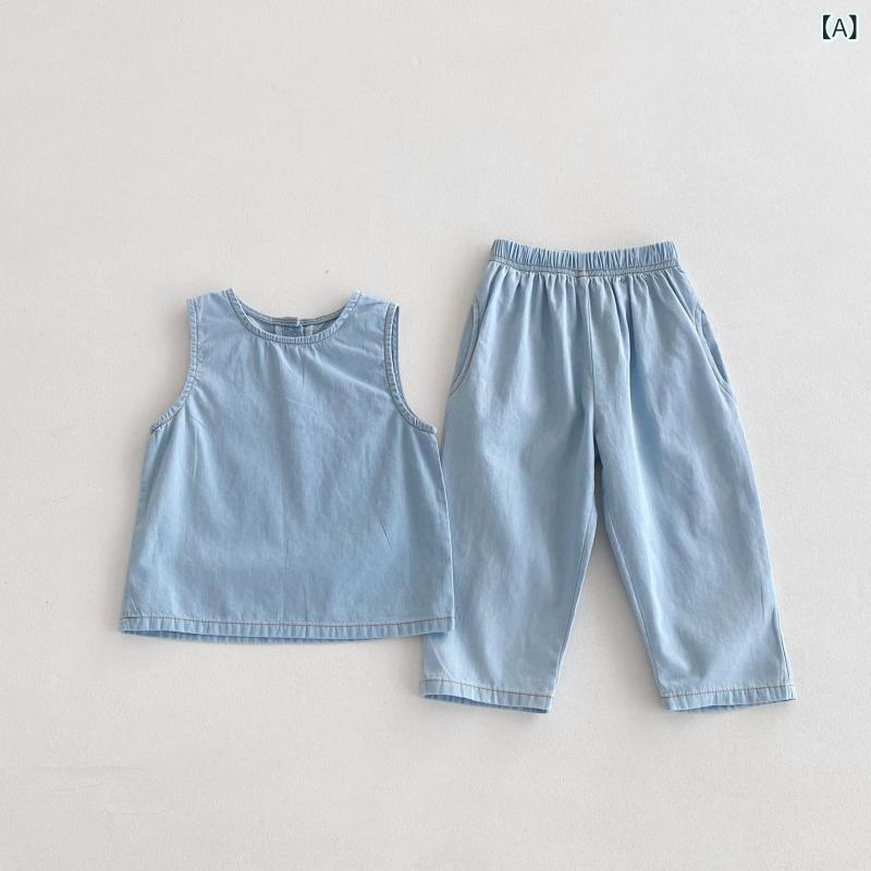 Overalls - キッズ 男女共用 牛仔服 セット 夏 薄手 接触冷感 綿 95% 背心 長ズボン 軽量 柔らか素材 浅ブルー 無地 ノースリーブ 普段使い カジュアル 3〜8歳 100〜140cm