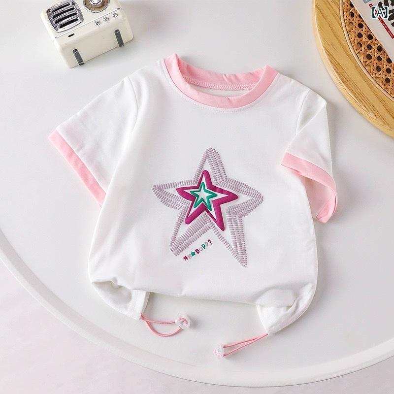 Other - 女の子 Tシャツ 女児 キッズ トップス かわいい 短袖 丸首 綿 吸湿速乾 接触冷感 柔らかい 夏 春夏 切り替え 抽繊紐 丸首デザイン 日常使い 遊び着 白色 ライトブルー 100-140cm 中小童 3-8歳 通学 カジュアル インナー