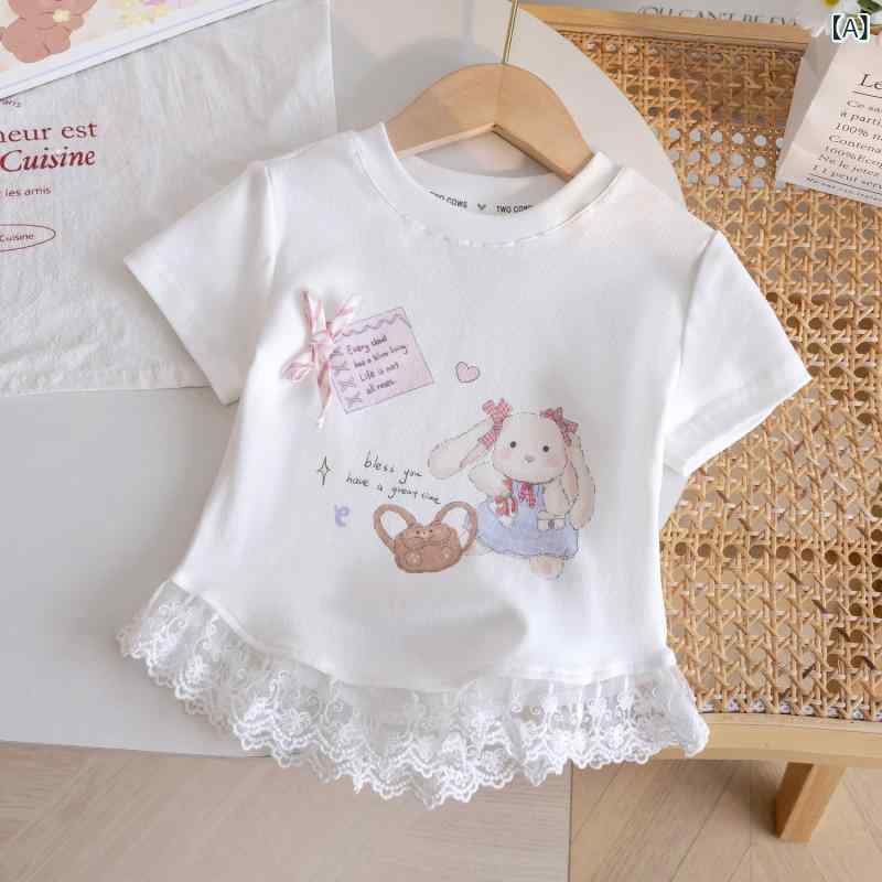 女児 トップス 女の子 夏 丸首 短袖 Tシャツ かわいい 子供服 綿 柔らかい 吸湿速乾 レース 花辺 プリント カード 柄 プリンセス ピンク 白 アイボリー ビビッドピンク 80cm 90cm 100cm 110cm 120cm 130cm