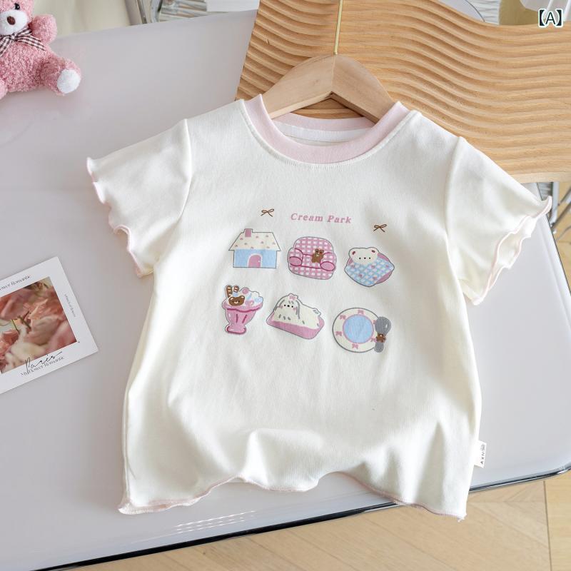 Other - 女児 Tシャツ キッズ トップス 女の子 かわいい ピンク アイボリー ブルー 夏 春夏 短袖 丸首 綿 柔らかい 吸湿速乾 切り替え プリント 花柄 フリル 木耳辺 カートゥーン 柄 ソフト 軽量 通学 普段使い 部屋着 快適 接触冷感 通年