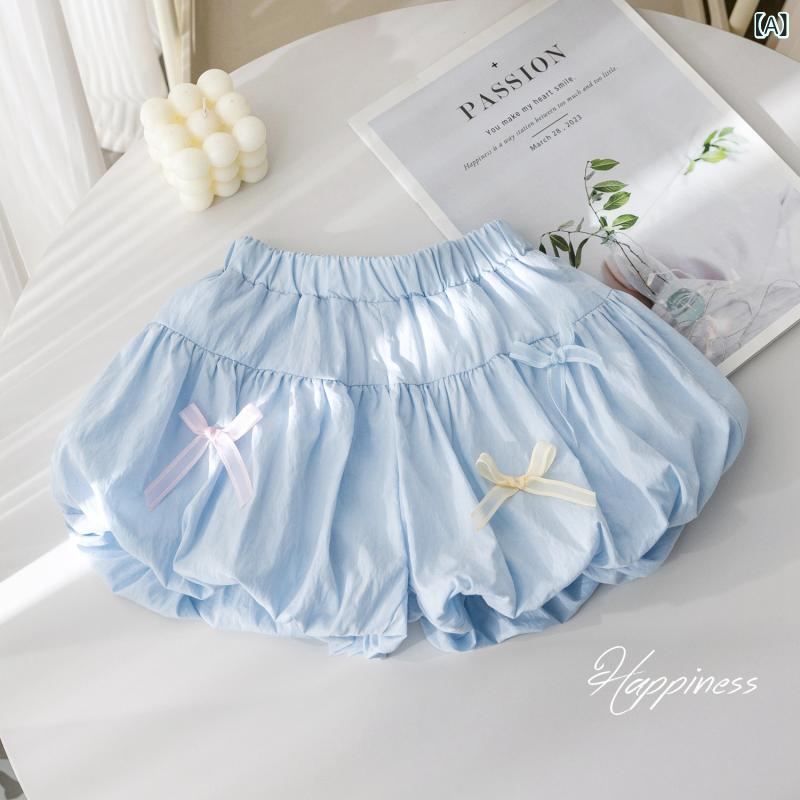 女児 ショートパンツ キッズ 女の子 夏 春夏 韓国風 かわいい 蝶結び 花苞 ホットパンツ 純色 ポリエステル 柔軟 伸縮性 中腰 ゴムウエスト ブルー ホワイト 普段使い 百搭 潮 カジュアル