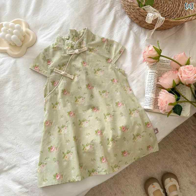Rakuten - 女児用 ワンピース チャイナドレス 春夏 女の子 子供服 夏服 フラワープリント 緑 ピンク ブルー ポリエステル 柔らか素材 普通厚 通気性 かわいい プリンセス風 中学生 小学生 3〜8歳 民族衣装 普段使い 夏向け 軽量 切り替えデザイン