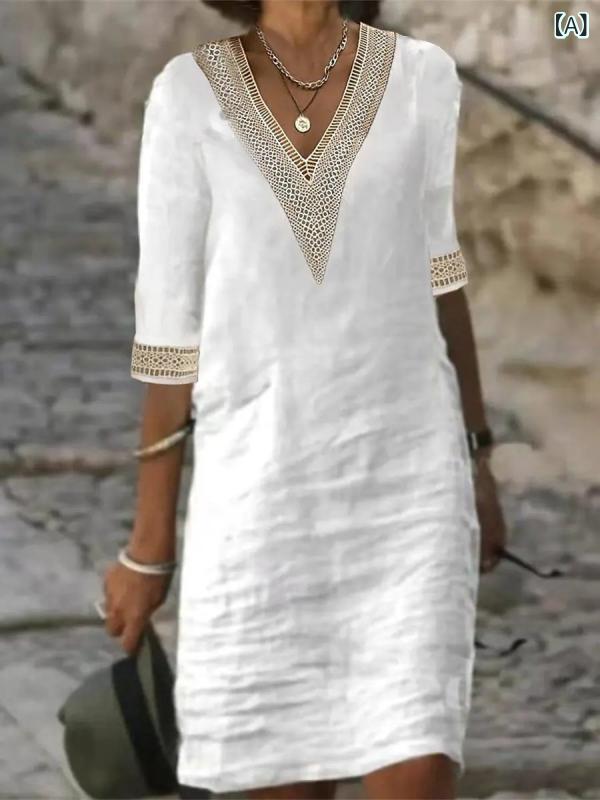 Rakuten - ワンピース レディース 春夏 Vネック 中袖 綿麻 切り替え Aライン 中丈 気質 エレガント 純色 レース 肩ストラップ セットアップなし 街頭カジュアル 個性派 白色 ブラック イエロー グレー ブルー オレンジ ベージュ 伸縮性 軽量 通勤 普段使