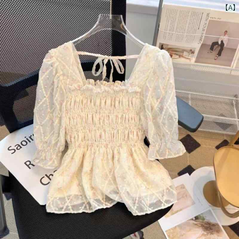 樂天商城 - シャツ レディース 春夏 フレンチ かわいい 復古 収腰 フラワープリント シフォン 短袖 レース トップス 修身 プリーツ 方領 プリンセススリーブ ピンク 紫 通勤 セットイン