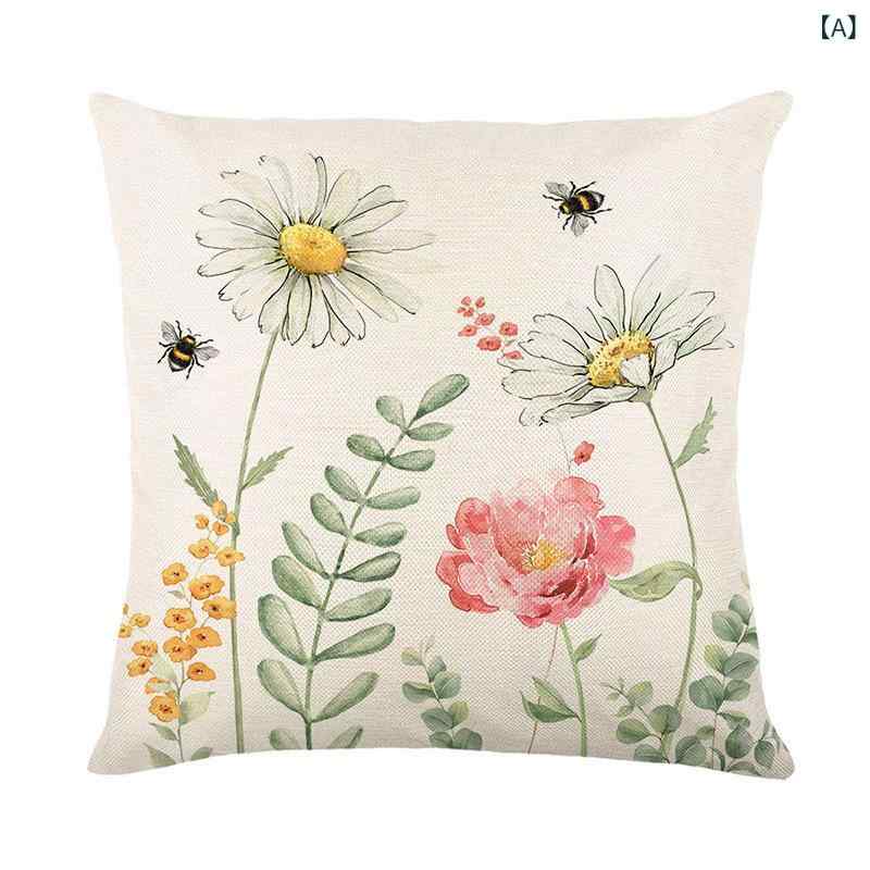 Rakuten - 抱枕カバー 麻 印花 北欧 植物 花柄 スプリング クッションカバー 45x45cm 涤纶 リビング 花卉柄 春柄 かわいい 植物柄 花柄クッション 春夏 インテリア 軽量 通年用 切り替え柄