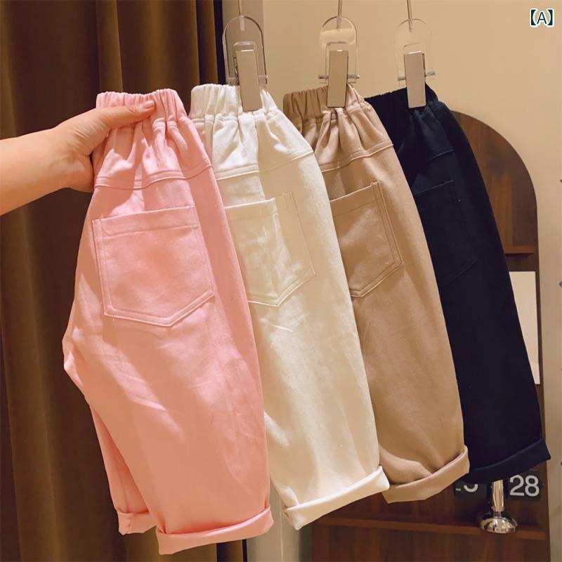 ・カテゴリ: キッズパンツ・スタイル: 韓国・タイプ: カジュアルパンツ・性別: 女の子・対象年齢: 3～8歳・対象シーズン: 春、夏・主な素材: 綿90%・柄: 無地・パンツ丈: ロング丈・ウエスト: ミドルウエスト・開閉部: ゴムウエスト・生地加工: 柔軟加工・要素: スポーツ、可愛い・カラー展開: ピンク、オフホワイト、カーキ、ブラック・サイズ展開: 90、100、110、120、130、140